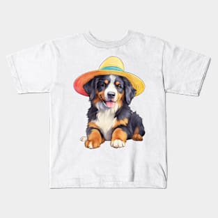 Watercolor Bernese Mountain Dog in Straw Hat Kids T-Shirt